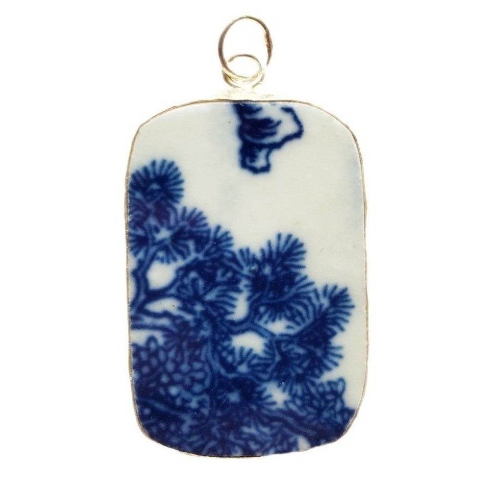 Vintage Blue & White Bonsai Tree Pottery Shard Pendant Chinoiserie Focal Jewelry